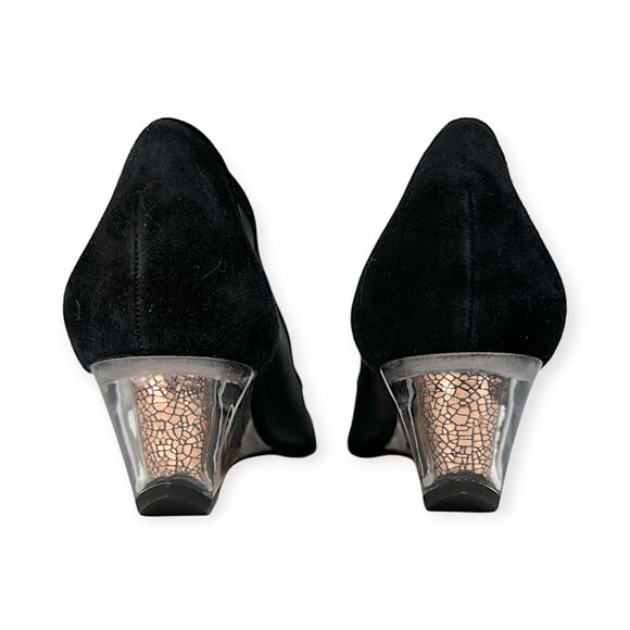 Heyraud | 38.5 | Black Mesh Copper Leaf Embellished Clear Heel Slip-On Shoe - Picture 5 of 11